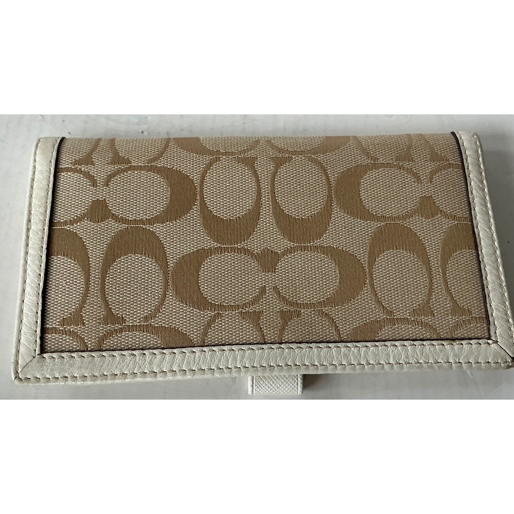 Coach Vintage Signature Monogram Slim Checkbook Wallet Khaki White Leather Trim